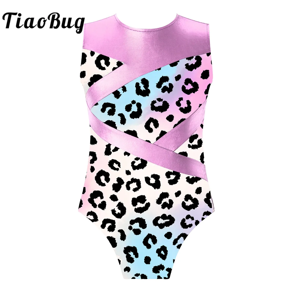

Kids Girls Ballet Gymnastics Leotard Sleeveless Shiny Metallic Leopard Print Bodysuit Jumpsuit Workout Figure Skating Dance Wear