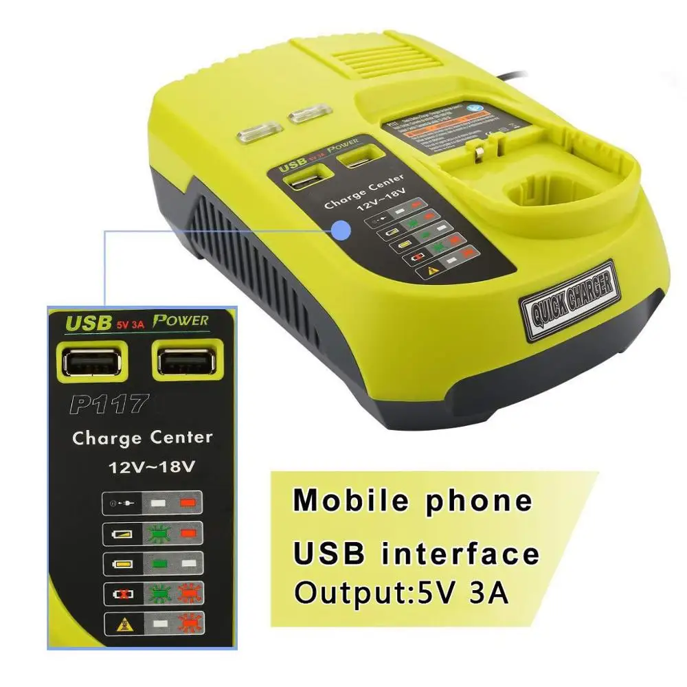 

Battery Charger for Ryobi P117 Rechargeable Battery Pack Power Tool Ni-Cd Ni-Mh Li-Ion P110, P111, P107,P108 3A 12V 14.4V 18V