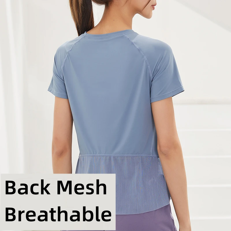 Women Mesh Patchwork Breathable Sports Shirts Mesh Yoga Nylon Soft Tops Fitness Short Sleeve Gym Workout Running Loose T-Shirts