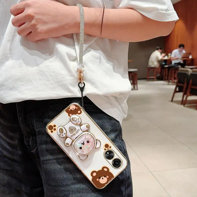 Diamond Wrist Strap Cute Bear Phone Holder Case On For Oppo A96 A97 A95 A94 A93S A92S A91 A83 A78 A74 A72 4G 5G Stand Back Cover