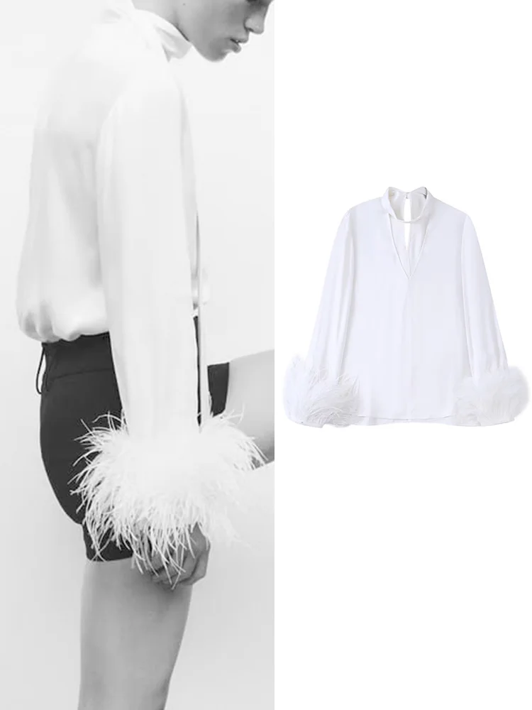 

Women Solid Bow Blouses 2022 Autumn Casual Feathers Long Sleeve Tops Vintage Female White Stain Office Lady T-Shirts