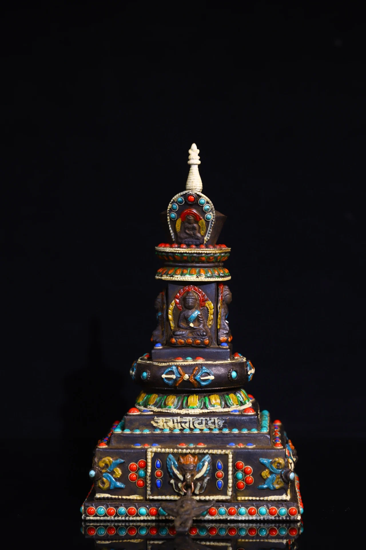 

9" Tibetan Temple Collection Bronze painted mosaic gem Four-Faced Shakyamuni stupa worship the pagoda Town house Exorcism