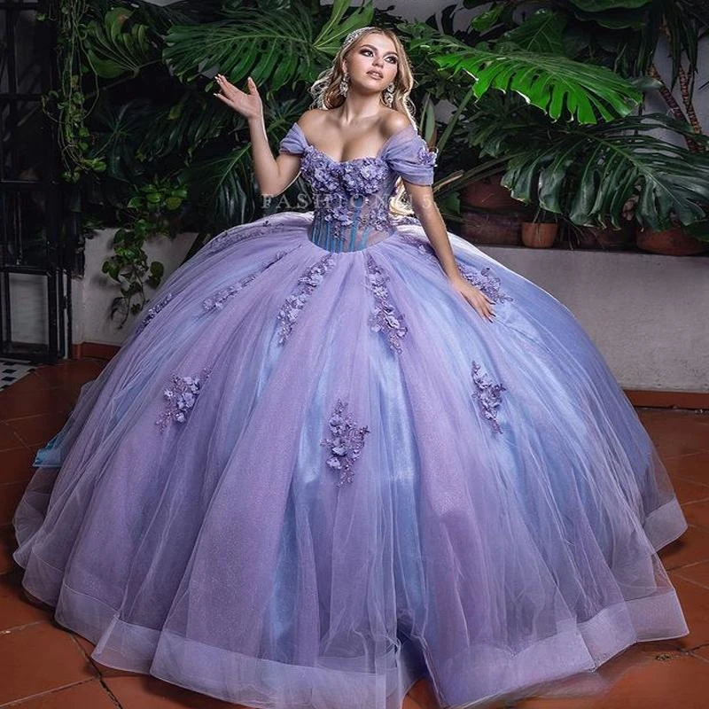 Лавандово-голубое блестящее платье Quinceanera бальное кружевная аппликация бисер