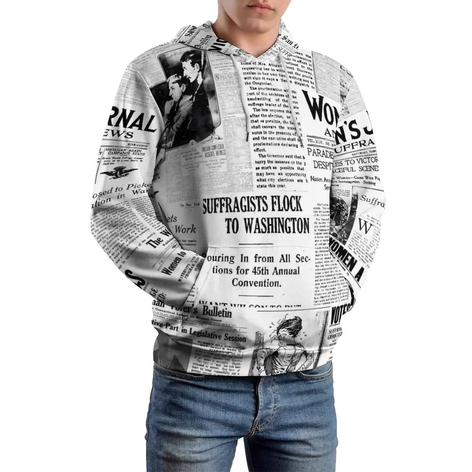 

Newspaper Print Loose Hoodies Making America Great Casual Hoodie Men Long Sleeve Y2k Graphic Sweatshirts Big Size