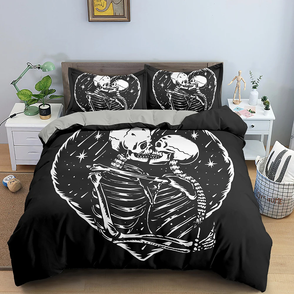 

2022 New Abstract Kiss Pattern Bedding Set Skeleton Duvet Cover 2/3pcs Single 200x200 Size Teen Polyester Quilt Cover Pillowcase
