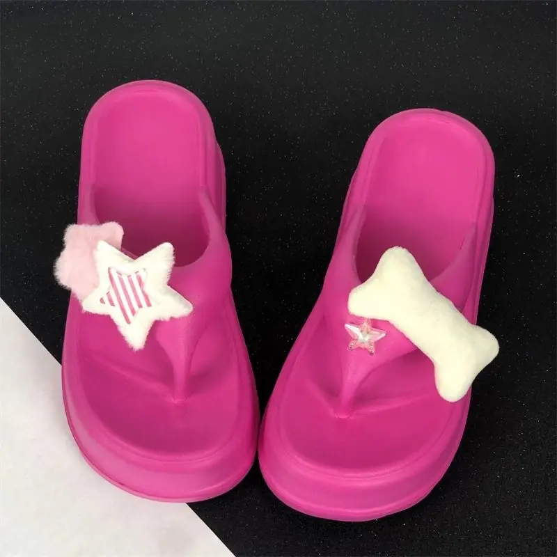Summer new 7cm thick soled women's Flip-flops plush accessories outdoor high anti-skid beach shoes solid casual home slippers