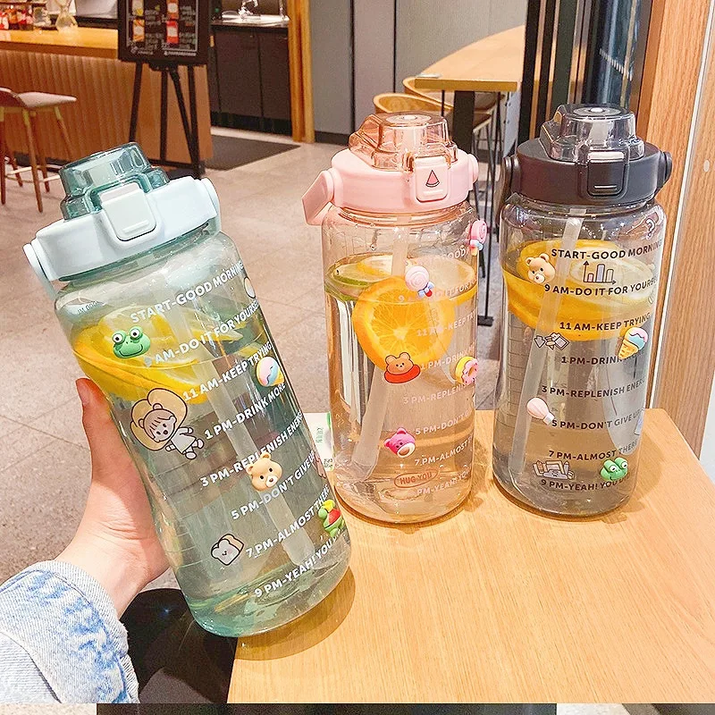 

2L Water Bottle with Straw Large Portable Travel Bottles Sports Fitness Cup Summer Cold Water with Timestamp Kawaii Water Bottle