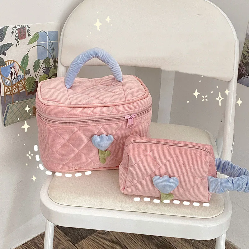 

Women's Makeup Bag Tulip Flowers Pouch Ins Large Capacity Travel Cosmetic Bag Corduroy Zipper Toiletry Bags Portable Storage Box