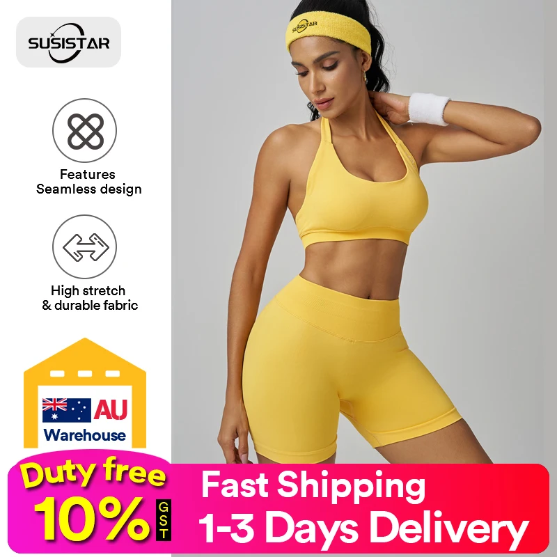 susistar Workout Outfits for Women 2 Piece Seamless Ribbed High Waist Leggings with Sports Bra Exercise