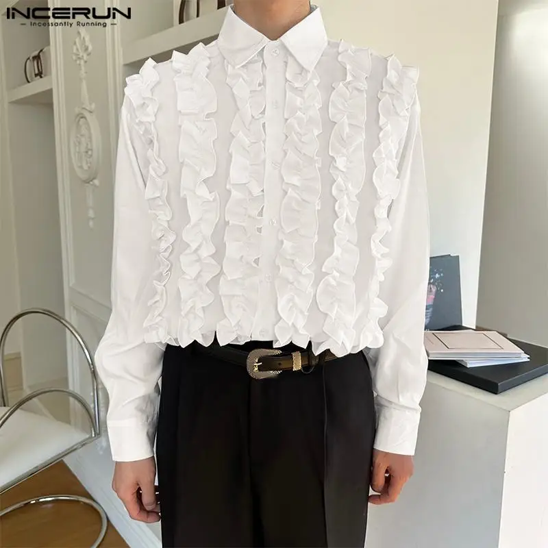 

Fashion Well Fitting Tops INCERUN Men Solid All-match Hot Sale Shirts Casual Palace Style Ruffled Lace Long Sleeve Blouse S-5XL