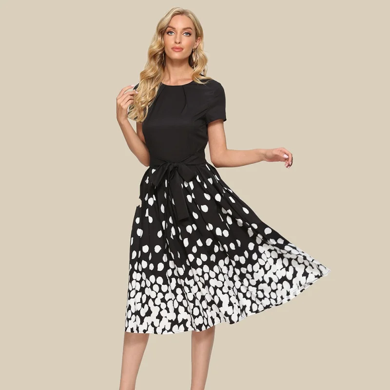 

2022Summer New Hangzhou Women's Printed Short Sleeve Slim Fit Tied Elegant Large Swing Dress