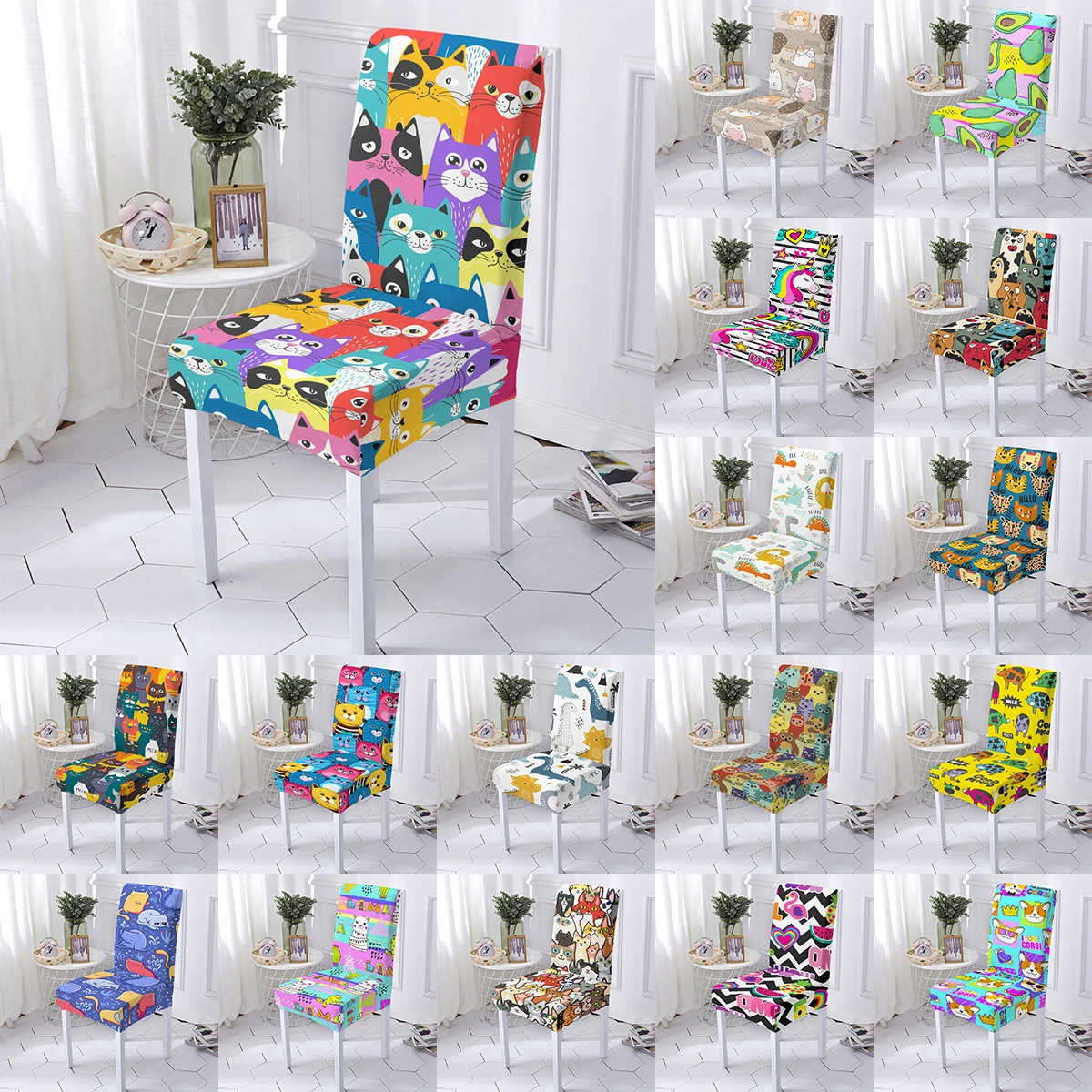 

Cute Chair Cover Spandex Stretch Dining Chair Cover Cartoon Cat Print Elastic Seat Covers High Back Office Chair Slipcovers