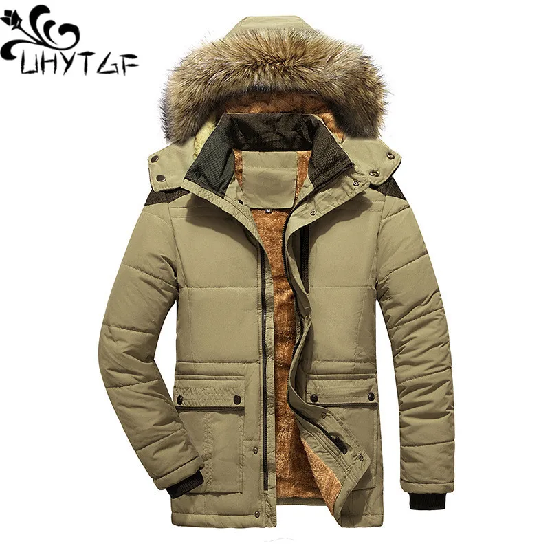 UHYTGF Men's Parkas Coat 2023 Fur Collar Hooded Cold Proof Warm Winter Cotton Jacket Male Plush Thicken For Men Overcoat 5XL 201