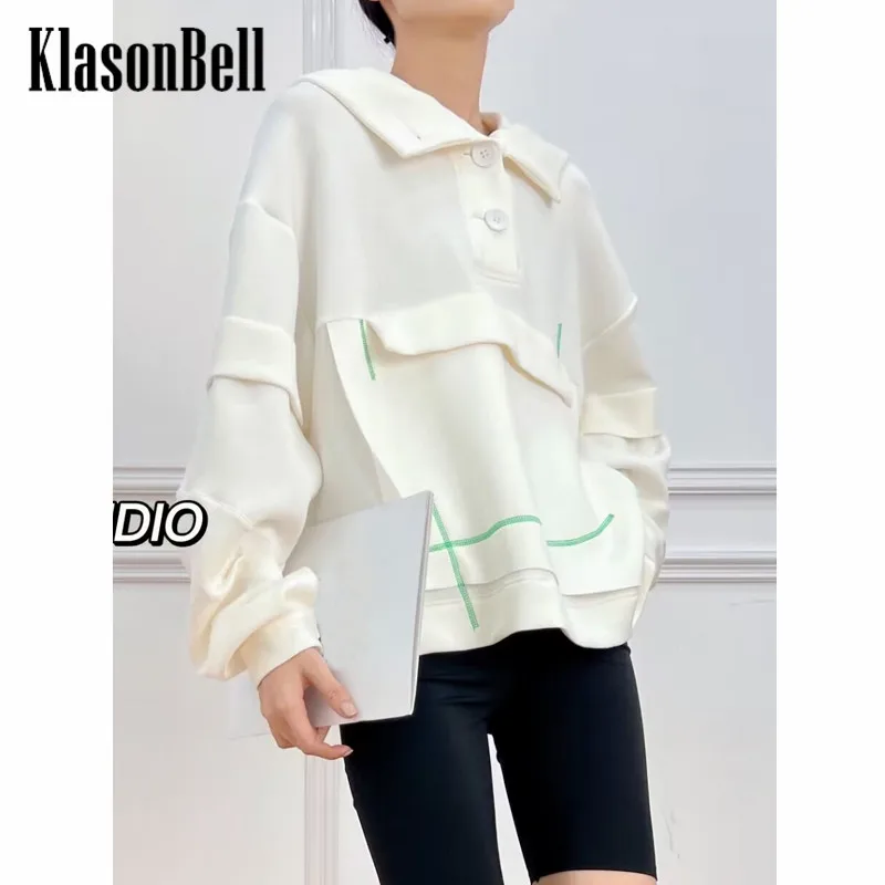 

10.23 KlasonBell Fashion Patchwork Color Button Decoration Loose Comfortable Hooded Sweatshirt Women
