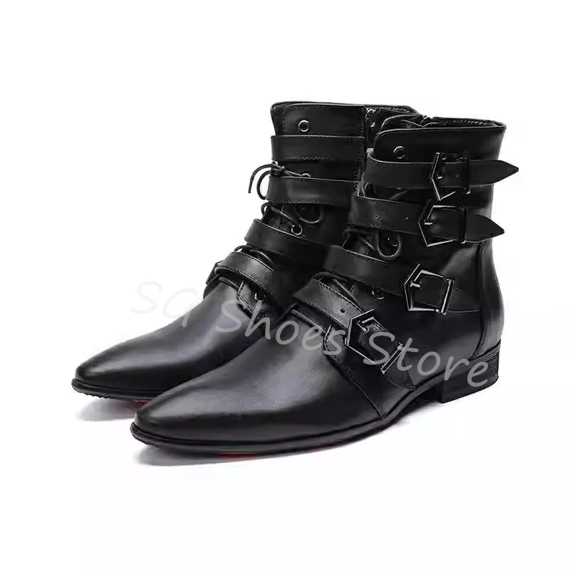 Черные декорированные кожаные ботинки до середины икры в стиле панк с ремешком и