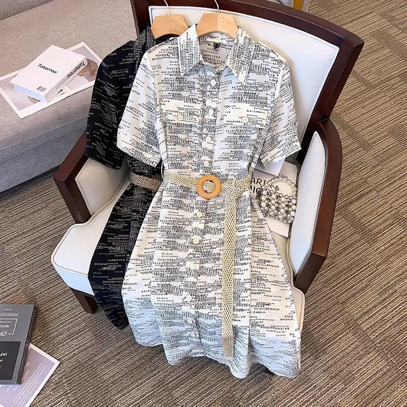 

Женское офисное платье-рубашка, элегантное Свободное длинное платье большого размера 4XL с коротким рукавом и надписью, лето 2023