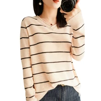 100 cotton womens v neck striped loose casual all match knitted sweater bottoming shirt spring new outer wear
