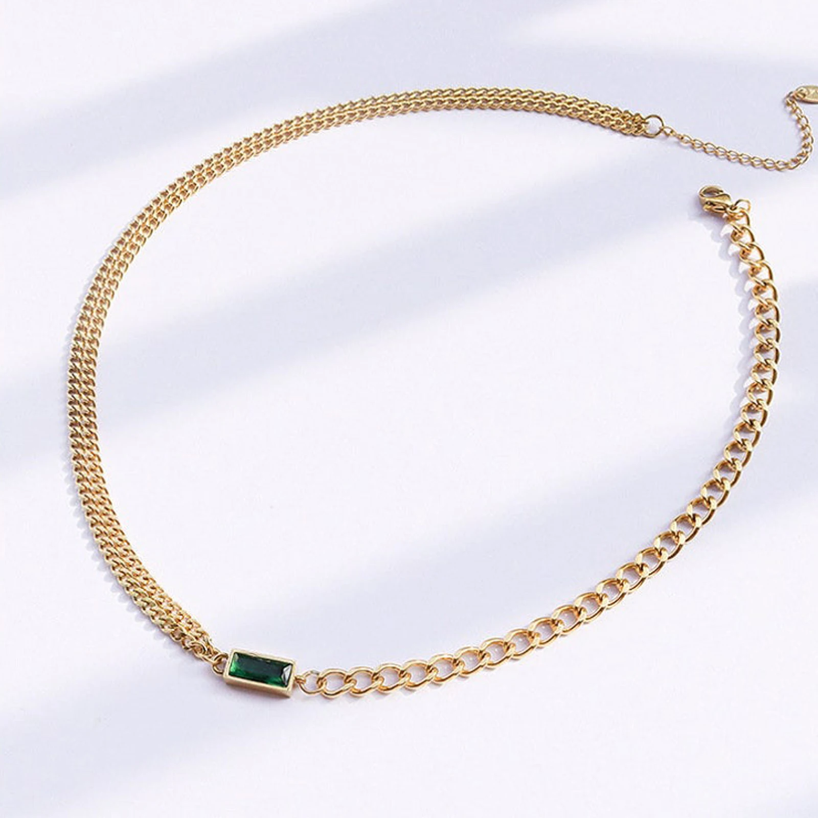 

Punk Curban Link Chain Necklace , Green Cubic Zirconia CZ Choker Necklace, K18 Gold Color Stainless Steel Jewelry