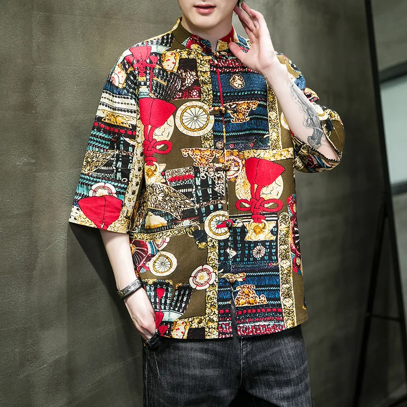 Летний топ с вышивкой и принтом Мужские Винтажные льняные рубашки в традиционном