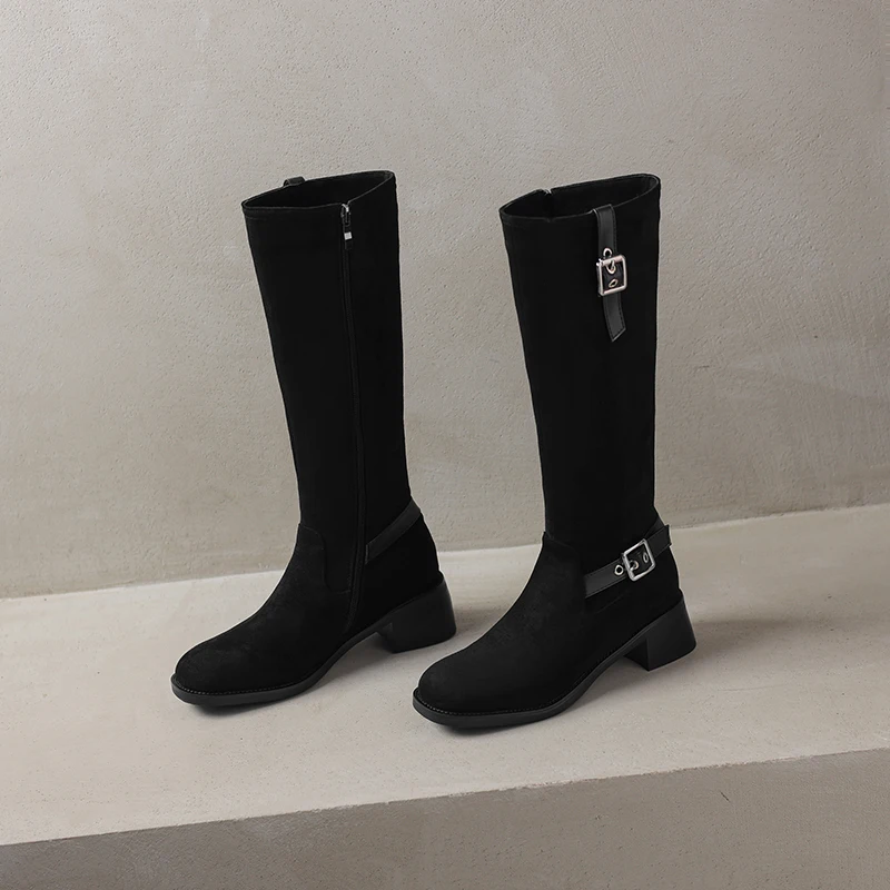 Повседневные матовые замшевые однотонные высокие сапоги с круглым носком и