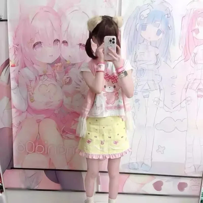 Kawaii Эстетическая юбка с рюшами для девочек женская милая мини-юбка бантом и