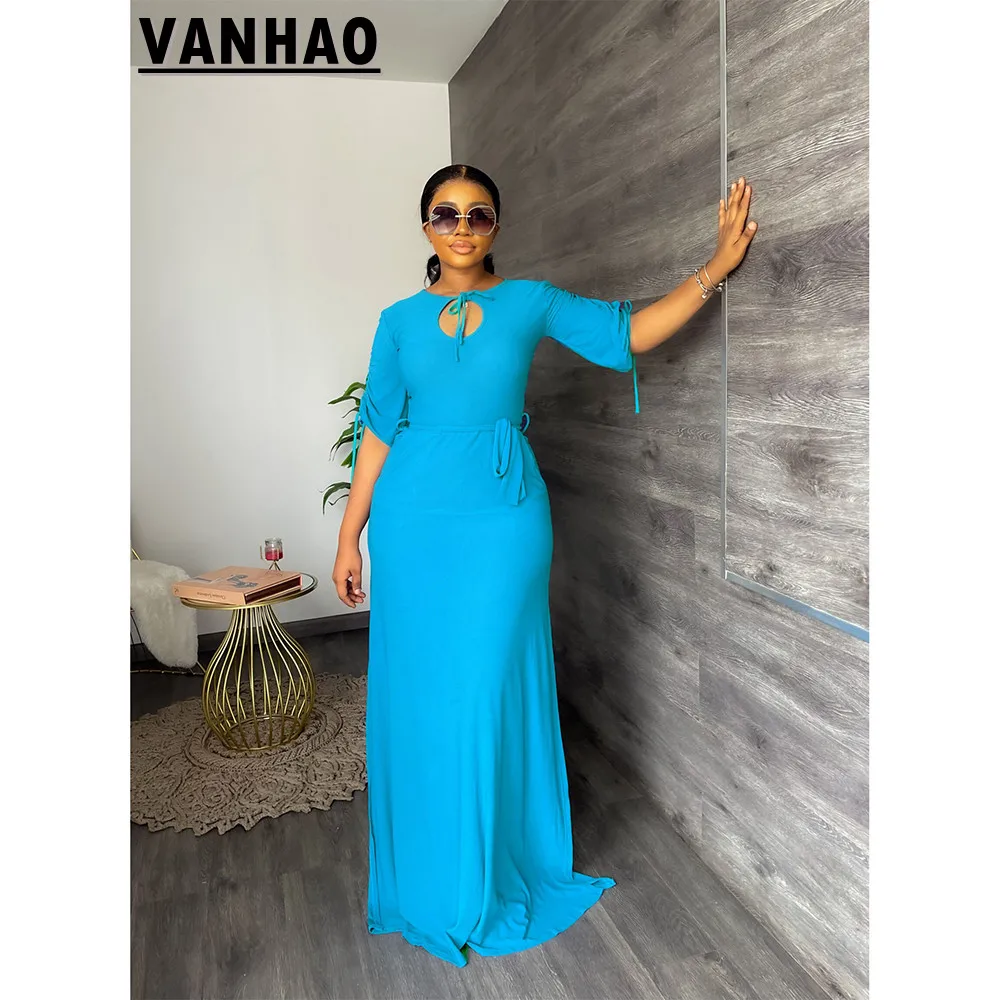 

VANHAO 2022 Fashionable Lace Up Dresses Women Half Sleeve Elegant High Slit Maxi Party Dress Ladies Solid Wholesale Dropshipping