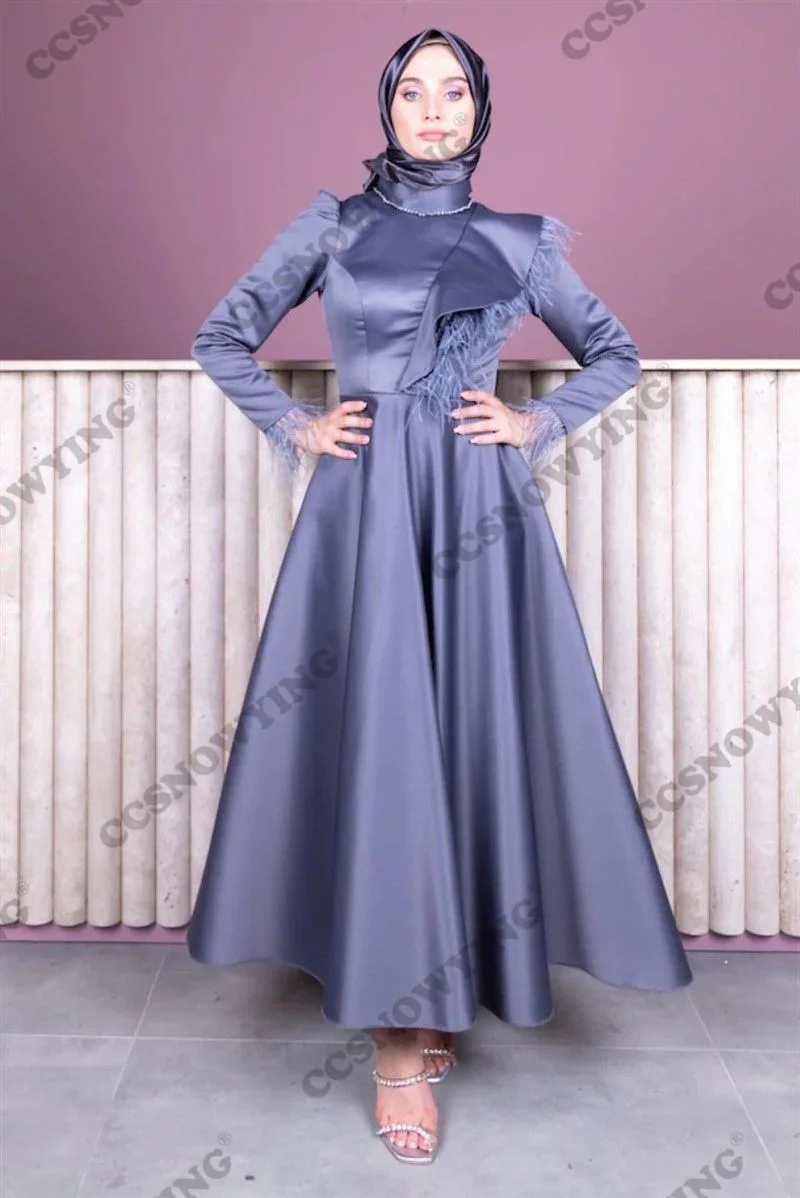 

Fashion Inlaid feathers Muslim Evening Dresses Long Sleeve Islamic Formal Party Gowns High Neck Women Arabic Robes De Soirée