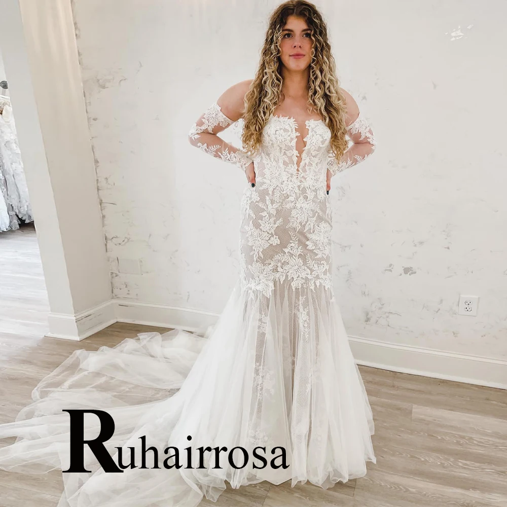 

Ruhair Charming Mermaid Wedding Dresses For Women Appliques Lace Backless Court Train Tulle Custom Made Vestido De Casamento