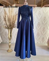 navy blue muslim evening dress long sleeves elegant dresses women for wedding party dubai arabic prom gown beaded high neck