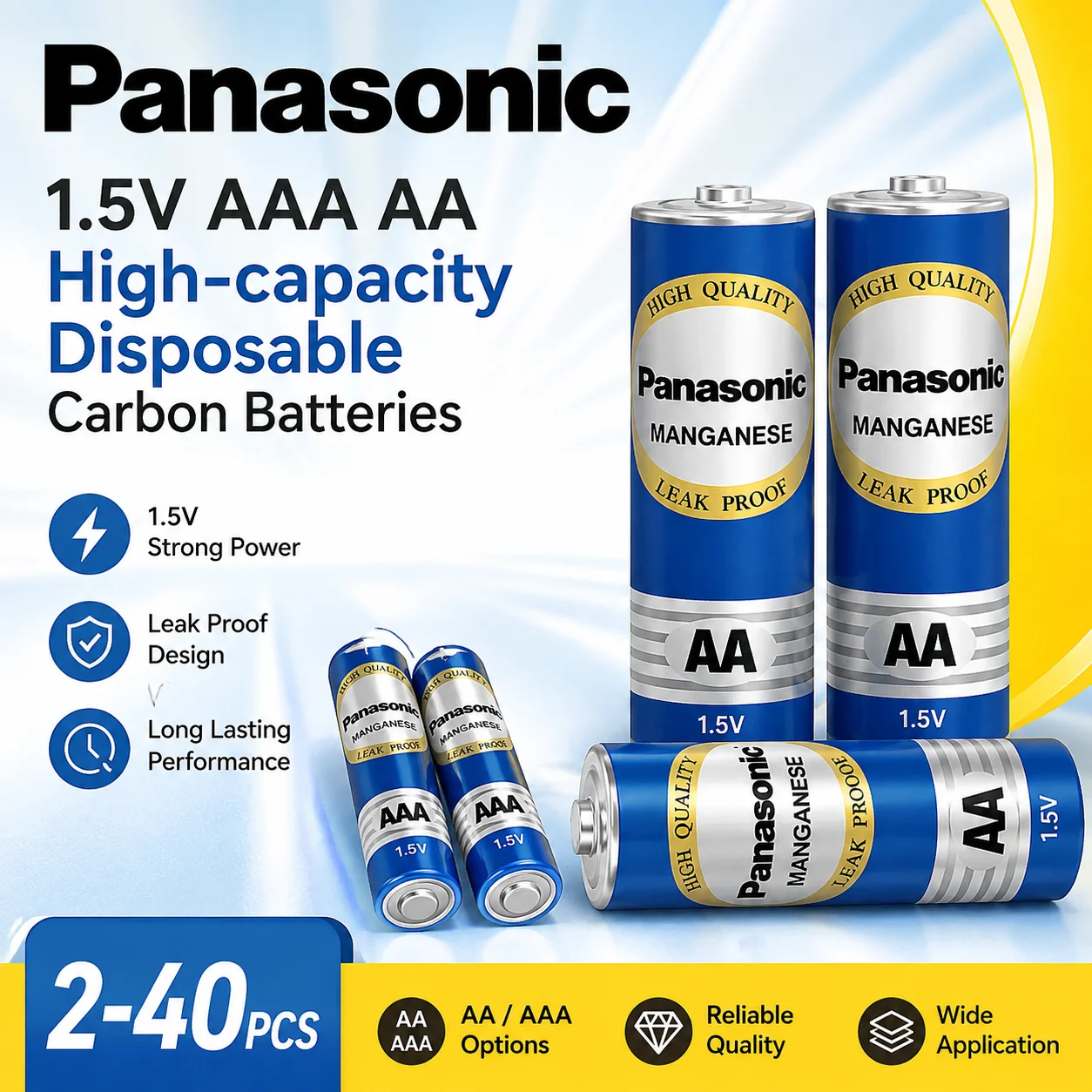 Фото Батарейки Panasonic 1.5V AAA AA, высокоемкие, одноразовые, угольно-цинковые, подходят для игрушек, пультов дистанционного управления, беспроводных мышей и т.д. №1