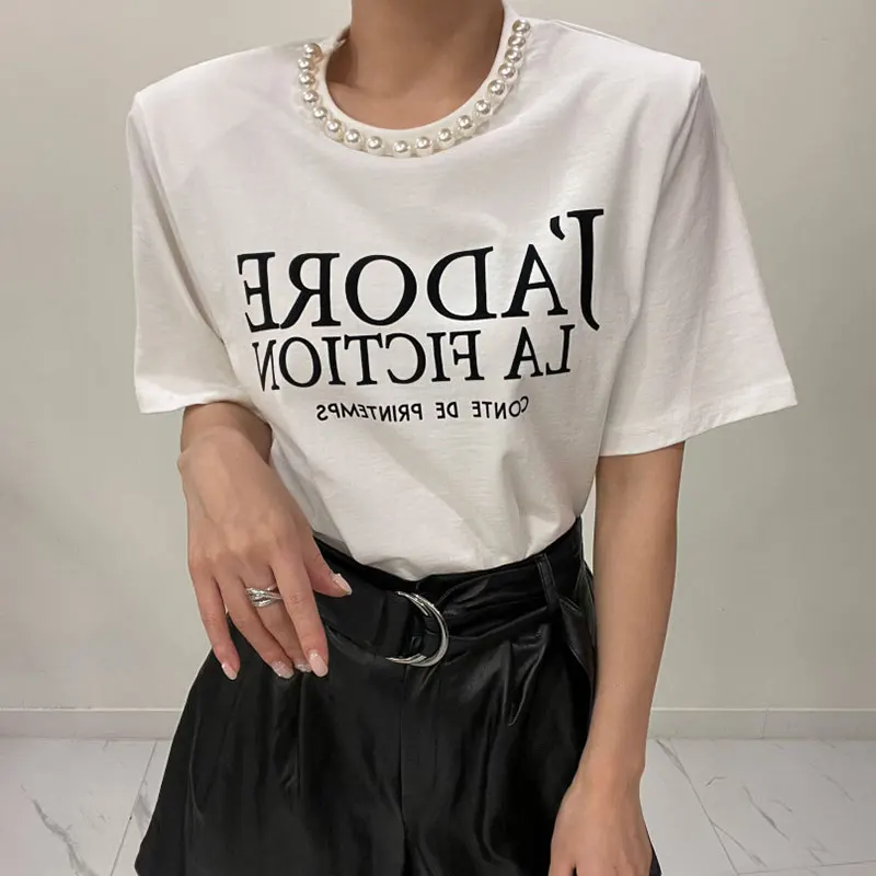 

Clothland Women Elegant Letter Print T Shirt White Black Beading Pearl Tee Summer Stylish Chic Tops Mujer DA421