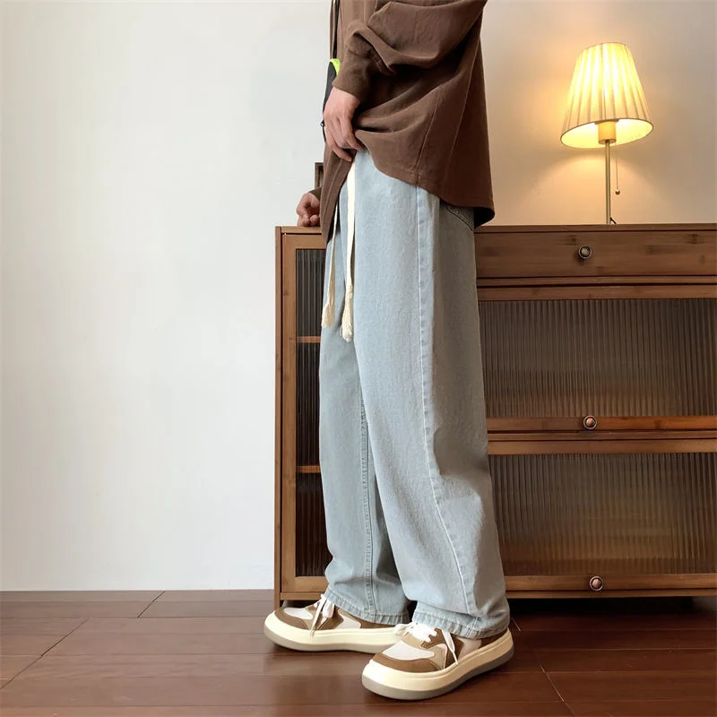 Blue Black Baggy Jeans Men Fashion Casual Drawstring Wide Leg Jeans Men Streetwear Hip Hop Loose Straight Denim Trousers Men