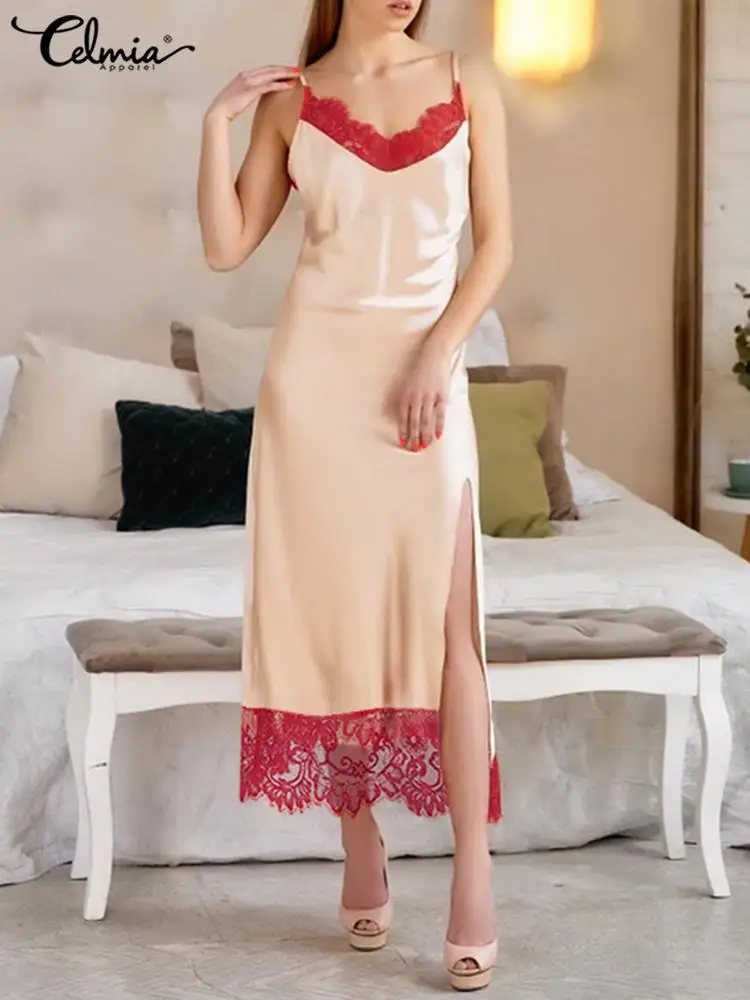 

Celmia Sexy Backless Women Slit Nightgowns Spaghetti Strap Soft Lace Stitching Comfortable Long Dress Summer Homewear Sleepwear
