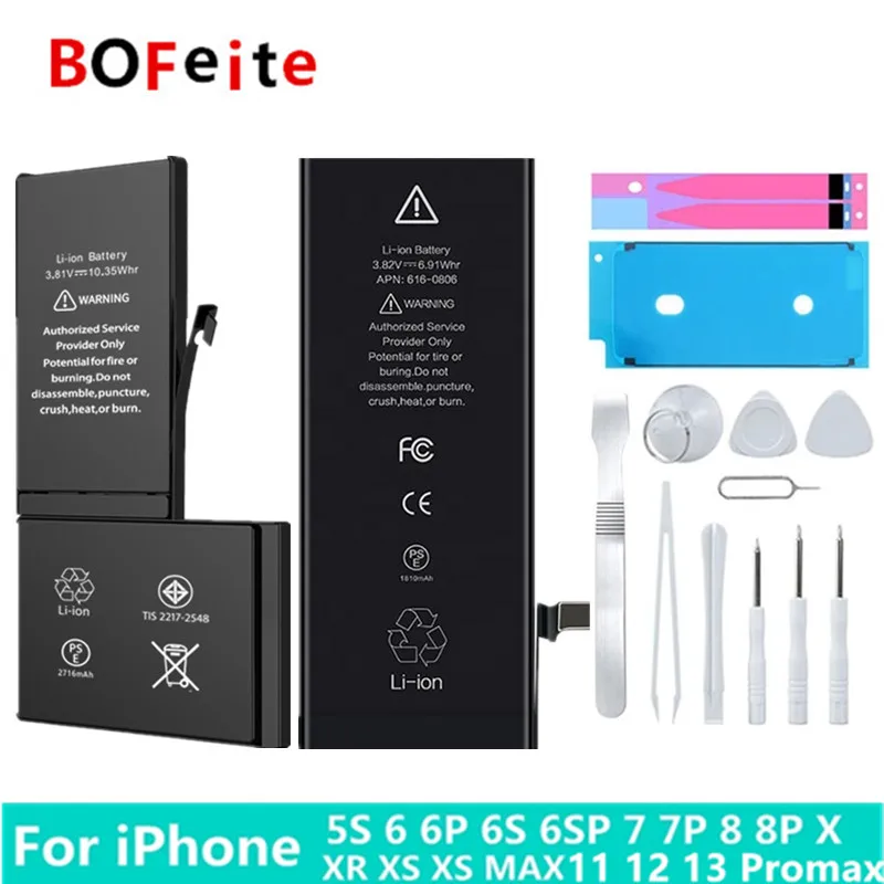 

BoFeite Original IC Chip Battery For iPhone 5S 6 6S 7 8 Plus X XR XS MAX Battery For iPhone 11 12 13 14 PRO MAX Batteries