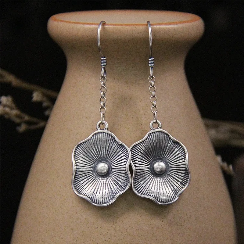 

Simple Silver Color Metal Lotus Earrings for Women Fashion Vintage Carving Long Chain Lotus Leaf Hook Earrings