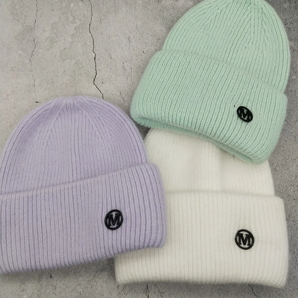 

Черная вязаная шапка из Ангорского Кролика, зимняя двойная Складная стандартная шапка, Корейская пуловер и шапка, универсальная теплая шап...