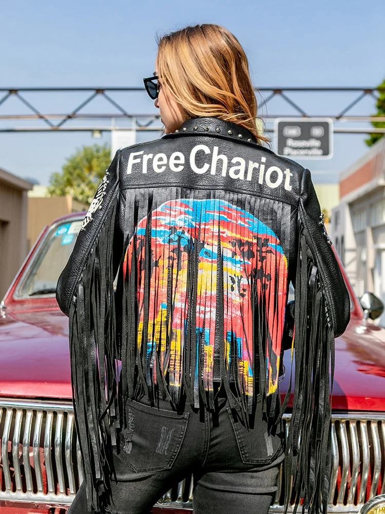 New Women Moto and Biker Leather Coat Spring Autumn 2022 Fashion Personality Rivet Tassels Harley Motorcycle Leather Jacket