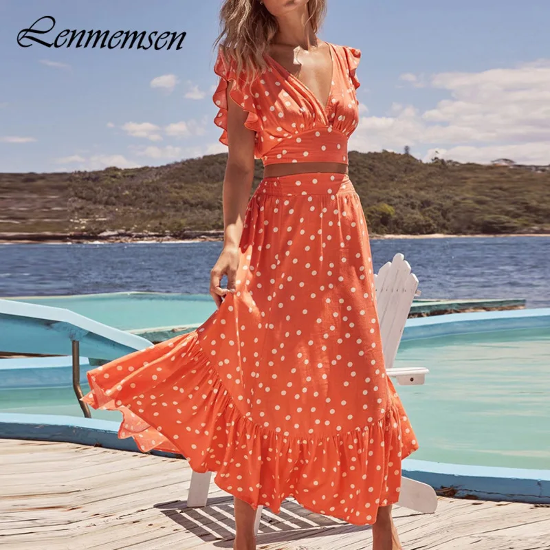 

Lenmemsen Elegant Dot Skirt Sets Women Summer Cropped Sleeveless Tops and Skirt Two Piece Female Casual Vacation Skirt Suit Lady