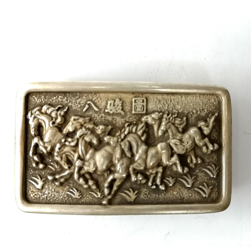 

Chinese Tibet Silver Carving eight steed horse Statue Belt Button Ancient man Decoration gift Collection Length 8 CM