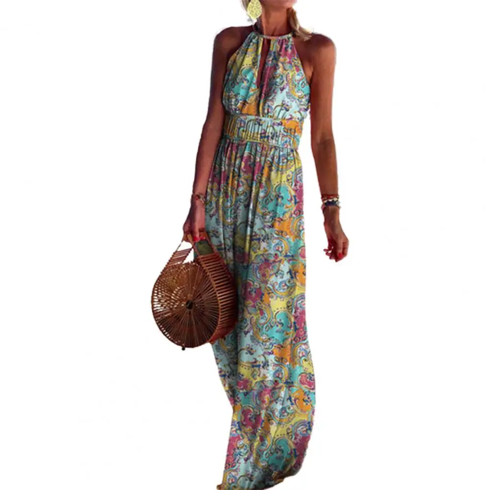 

Streetwear Stylish Bohemian Paisley Floral Print Sleeveless Halter Dress Summer Women Dress Waist Tight for Travel