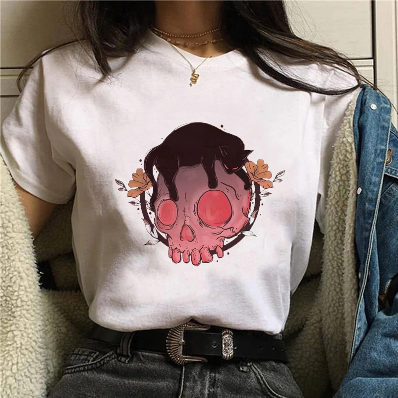 

Harajuku Female Tshirt Satan Skull Flowers Print Short Sleeve Tops graphic Tees 2021 Fashion Casual T Shirt Women Clothing Tops