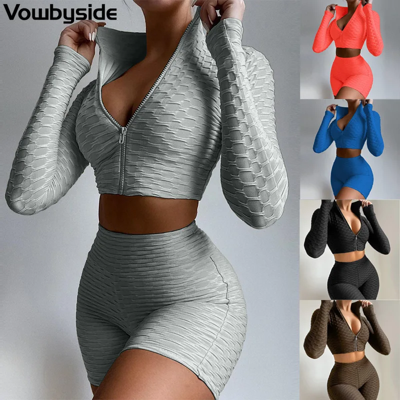 

Однотонная одежда для йоги 2022, женский спортивный комплект, топ на молнии с длинным рукавом, облегающие шорты с эластичным поясом, костюм из ...