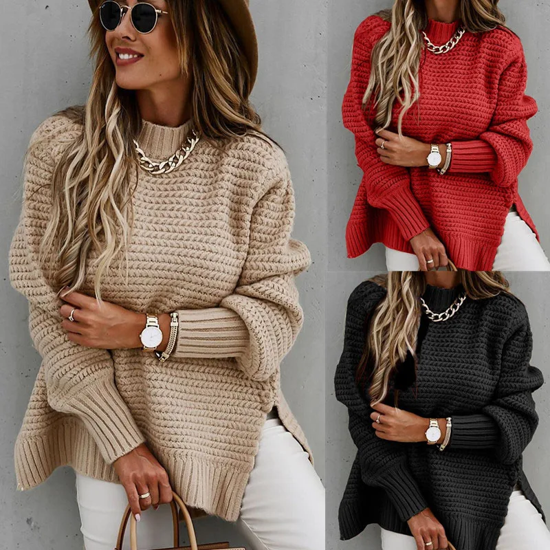 

Autumn Winter Women Knitted Sweater Mock Neck Casual Loose Basic Pullovers Warm Elegant Solid Batwing Sleeve Side Split Tops