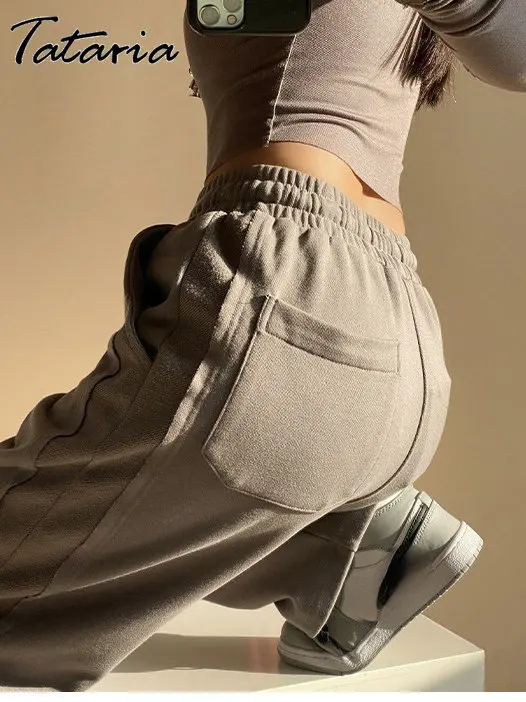 

2023 осенние широкие брюки для женщин, серые прямые спортивные брюки на завязках с боковыми разрезами, классические мешковатые спортивные штаны с эластичной резинкой на талии