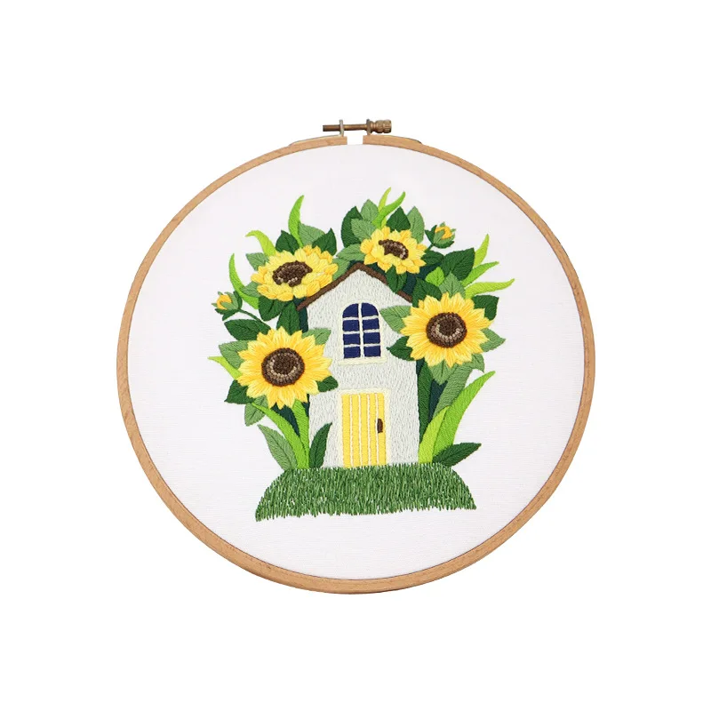 

DIY hand embroidered flower landscape painting cotton material without embroidered frame hanging picture home decoration gift