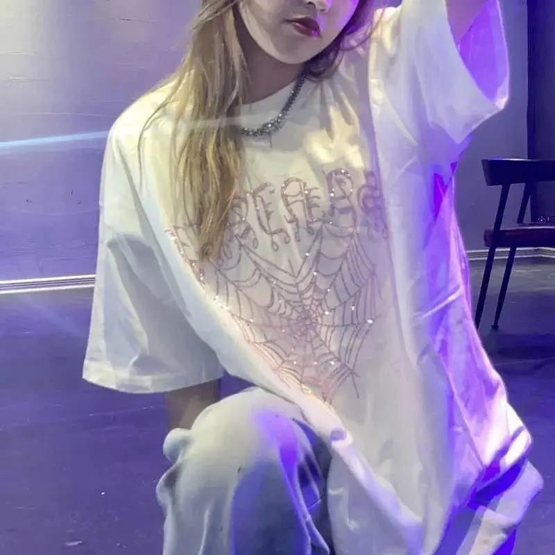 

Rhinestone Spider Web Harajuku Y2K Short-Sleeved Ins T-Shirt Loose All-Match Gothic High Street Hip-Hop T-Shirt Women Summer Top
