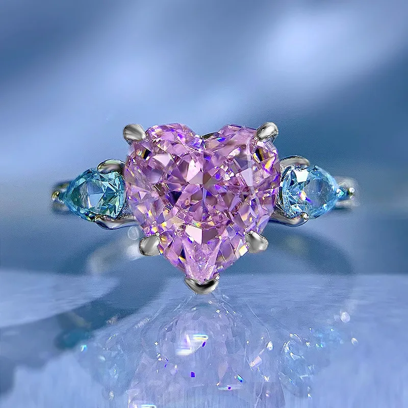 

New S925 silver pink blue cp 8 * 8 heart-shaped popular women's love pink diamond ice flower cut European and American ins style