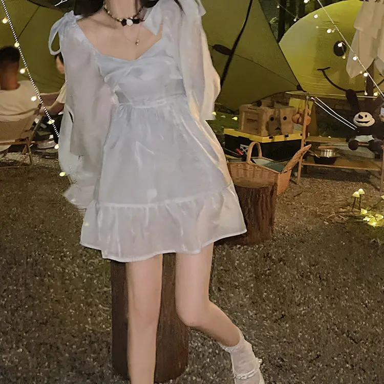 

Sweet and Sexy High-waisted Short Skirt Autumn French Bow Tie Puff Sleeve Waist Dress French Dress Women Mini Dress