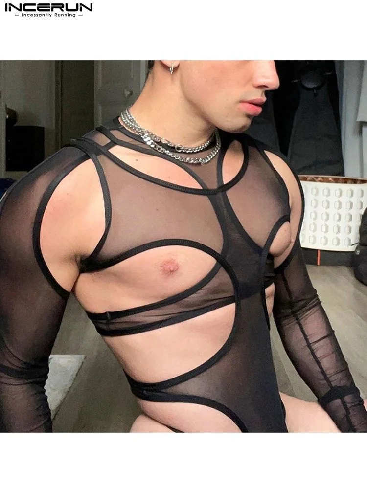 

Men Bodysuits Mes See Trou Pajamas 2023 ollow Out Solid Underwear Sexy O-neck Lon Sleeve Men Irreular Bodysuit