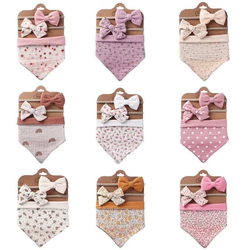 

3Pcs/Set Cotton Baby Bib Bow Headband Adjustable Button for TRIANGLE Saliva Towel Print Infant Boy Girl